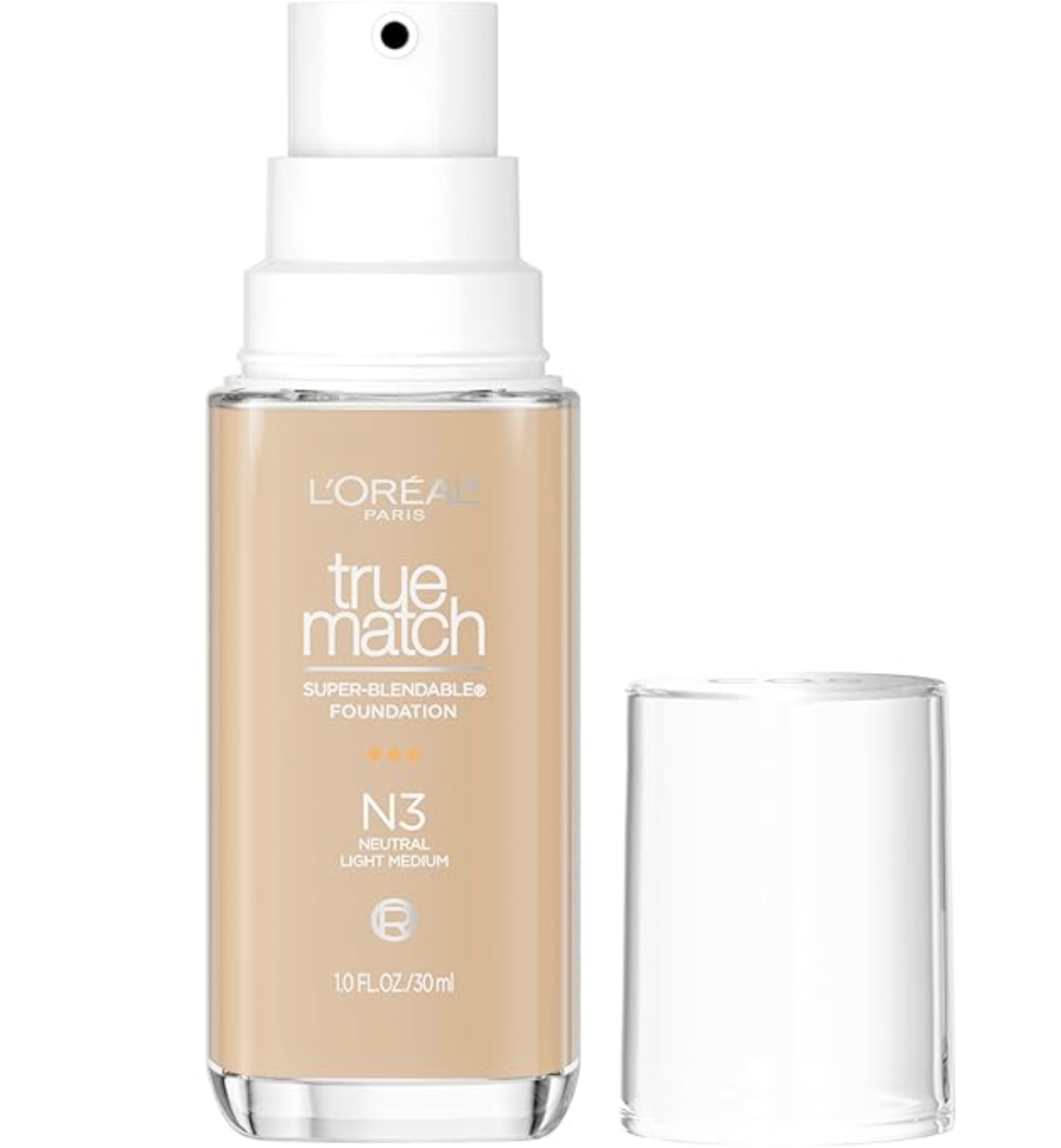 A bottle of L'Oréal True Match Super-Blendable Foundation in the shade N3 Neutral Light Medium next to its clear cap.