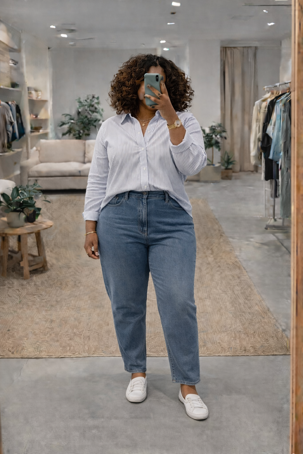 Woman wearing a striped button-down shirt with straight-leg jeans and white sneakers.