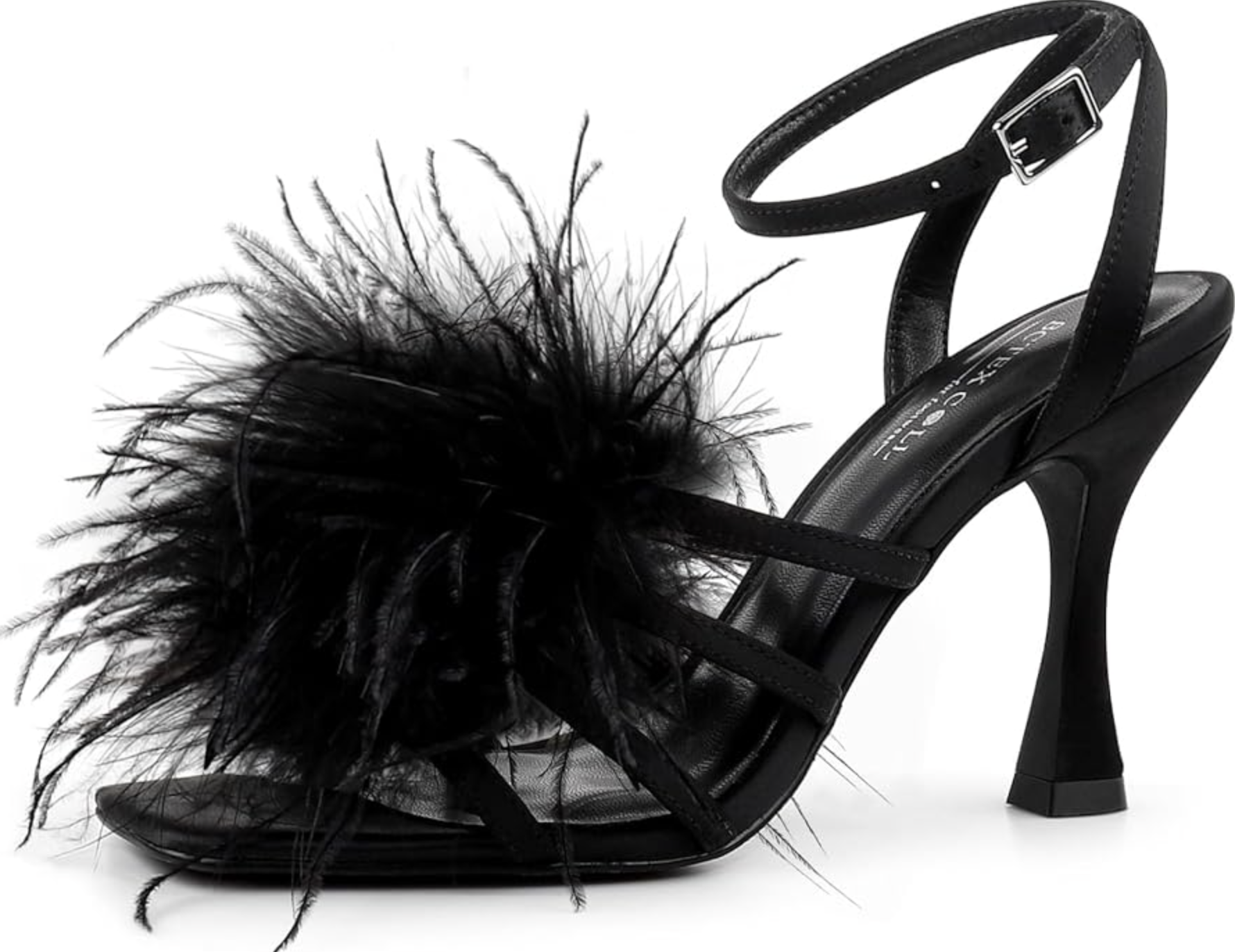 A single black high-heeled sandal featuring a delicate toe strap adorned with black feathers and thin wrap-around ankle straps, shown on a transparent background.
