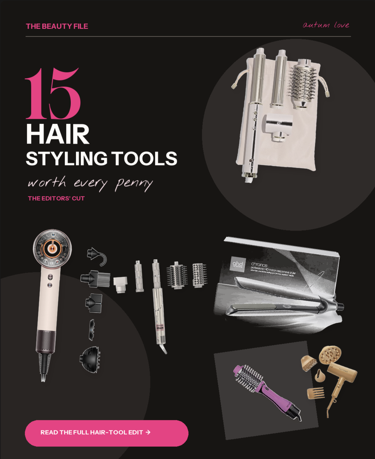 Hair dryer, flat iron, curling iron and blow-dry brush arranged as the best hair styling tools worth buying in 2026.