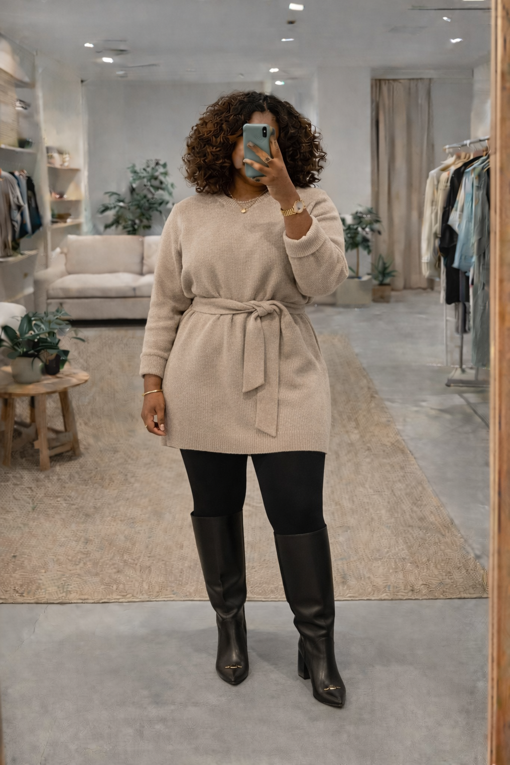 Woman wearing an oversized tan sweater belted over black leggings with tall boots.