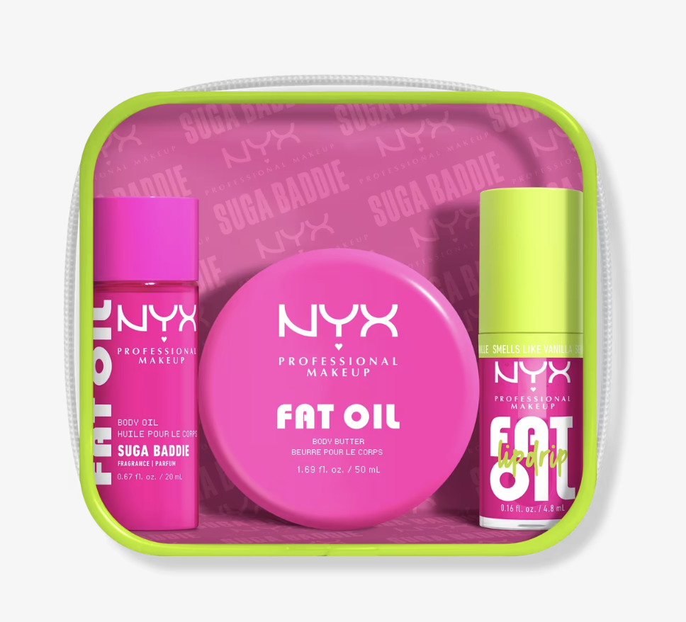 NYX Professional Makeup Fat Oil Lip Drip Body Kit featuring the Suga Baddie scented body oil, body butter, and lip drip in vibrant pink and green packaging.