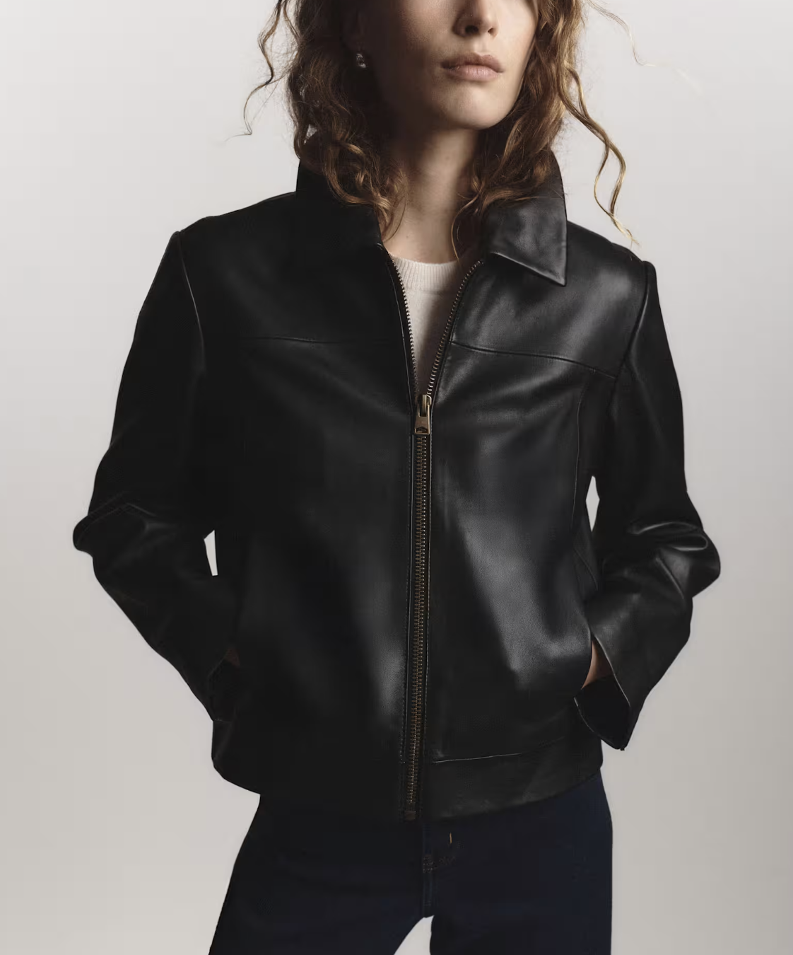 Quince 100% leather cropped zip-front jacket in true black