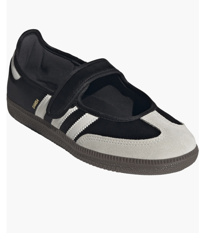 Black adidas Samba Jane sneaker featuring a white triple-stripe design, a thick velcro instep strap, and a textured gum rubber sole.