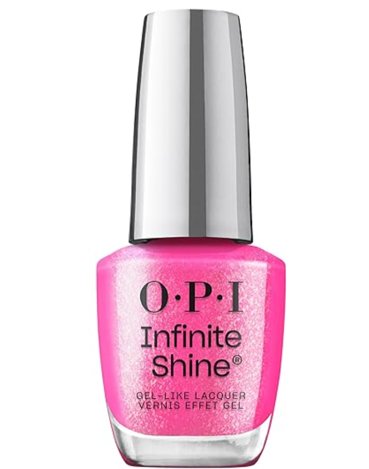 A bottle of OPI Infinite Shine "I’m Not Really an Influencer," a bold and sparkly magenta-pink shimmer polish from the 2026 spring collection.