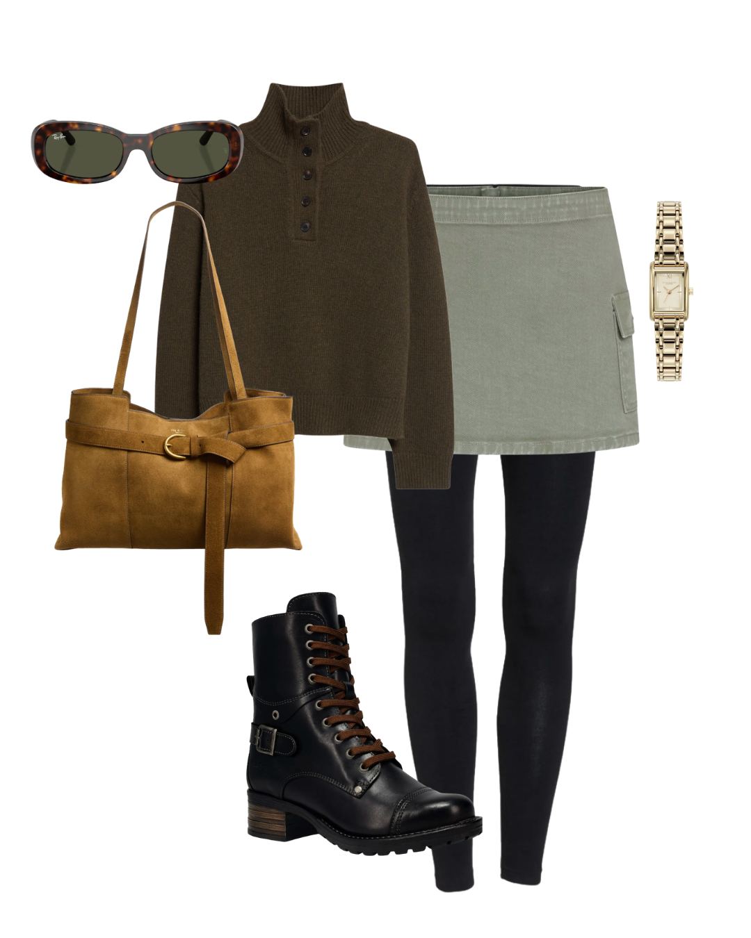 Flat lay layout featuring an olive green cargo mini skirt and black leggings paired with a brown mock-neck sweater, black leather combat boots, a tan suede shoulder bag, sunglasses, and a watch.