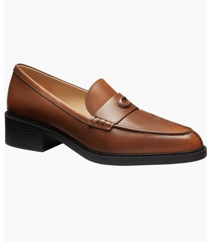 Coach Sculpted C Platform Loafer in cognac brown leather with a black stacked heel.