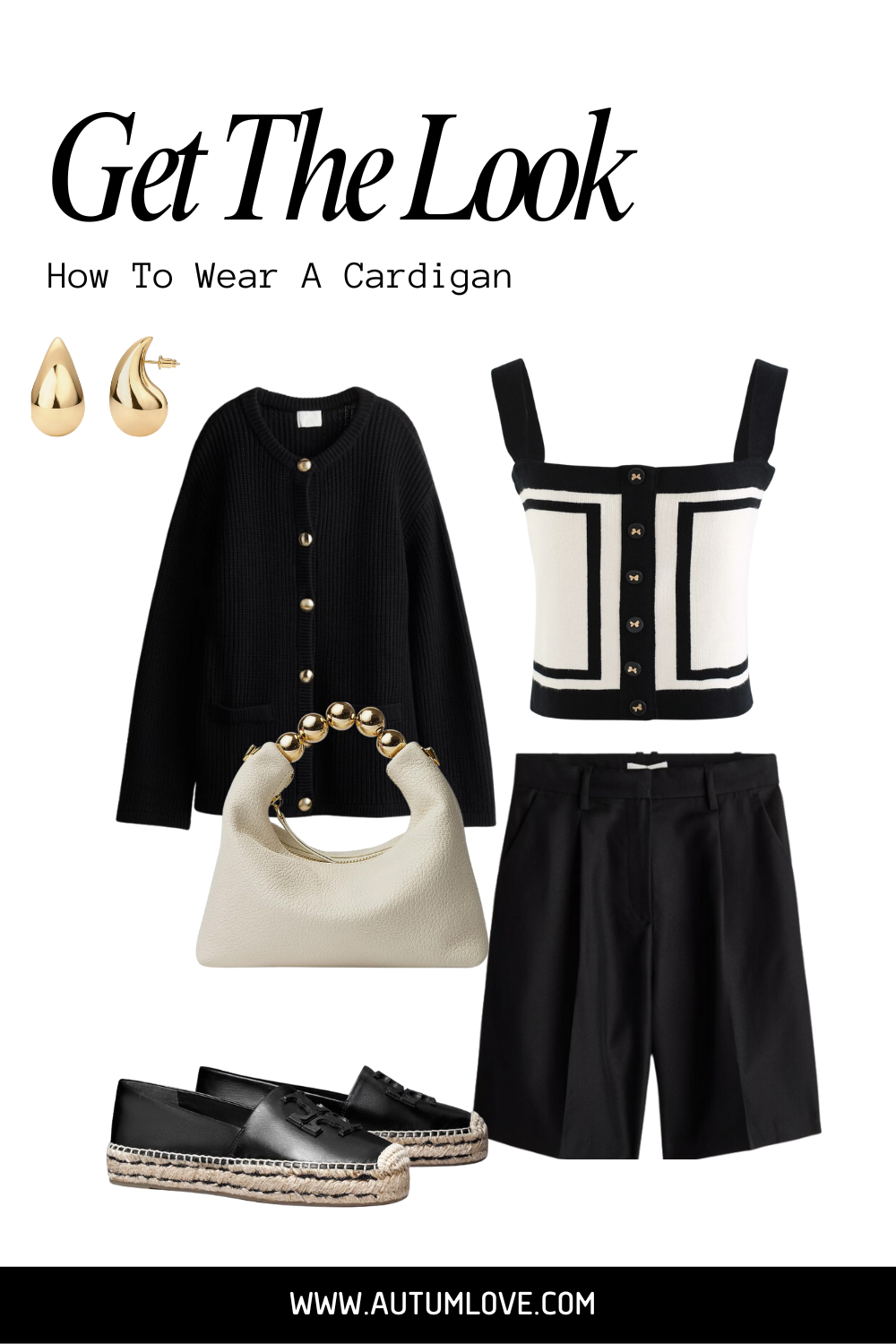 Flat lay outfit featuring a long beige cardigan coat, black tailored Bermuda shorts, a white tank top, and black pointed-toe flats.