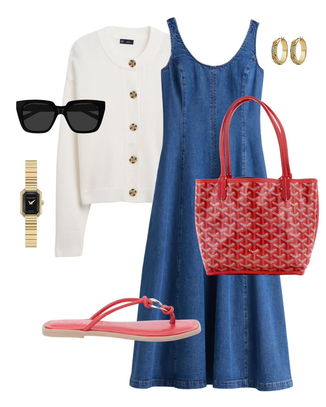 Comfortable vacation outfit for women over 50, featuring a denim midi dress, a white knit cardigan, and coral slide sandals.