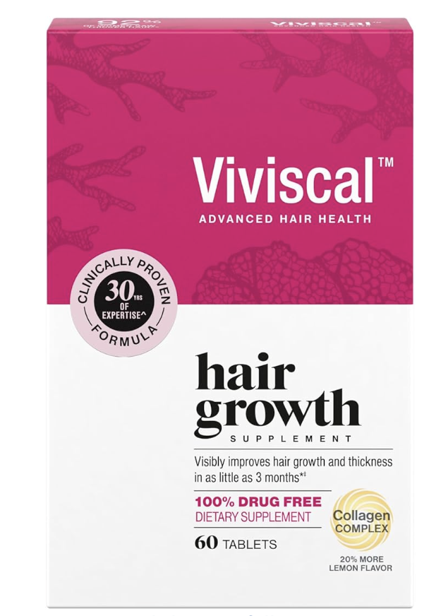 A pink and white box of Viviscal Extra Strength Hair Growth Supplement featuring the Advanced Hair Health logo and a "30 Years of Clinical Expertise" seal.