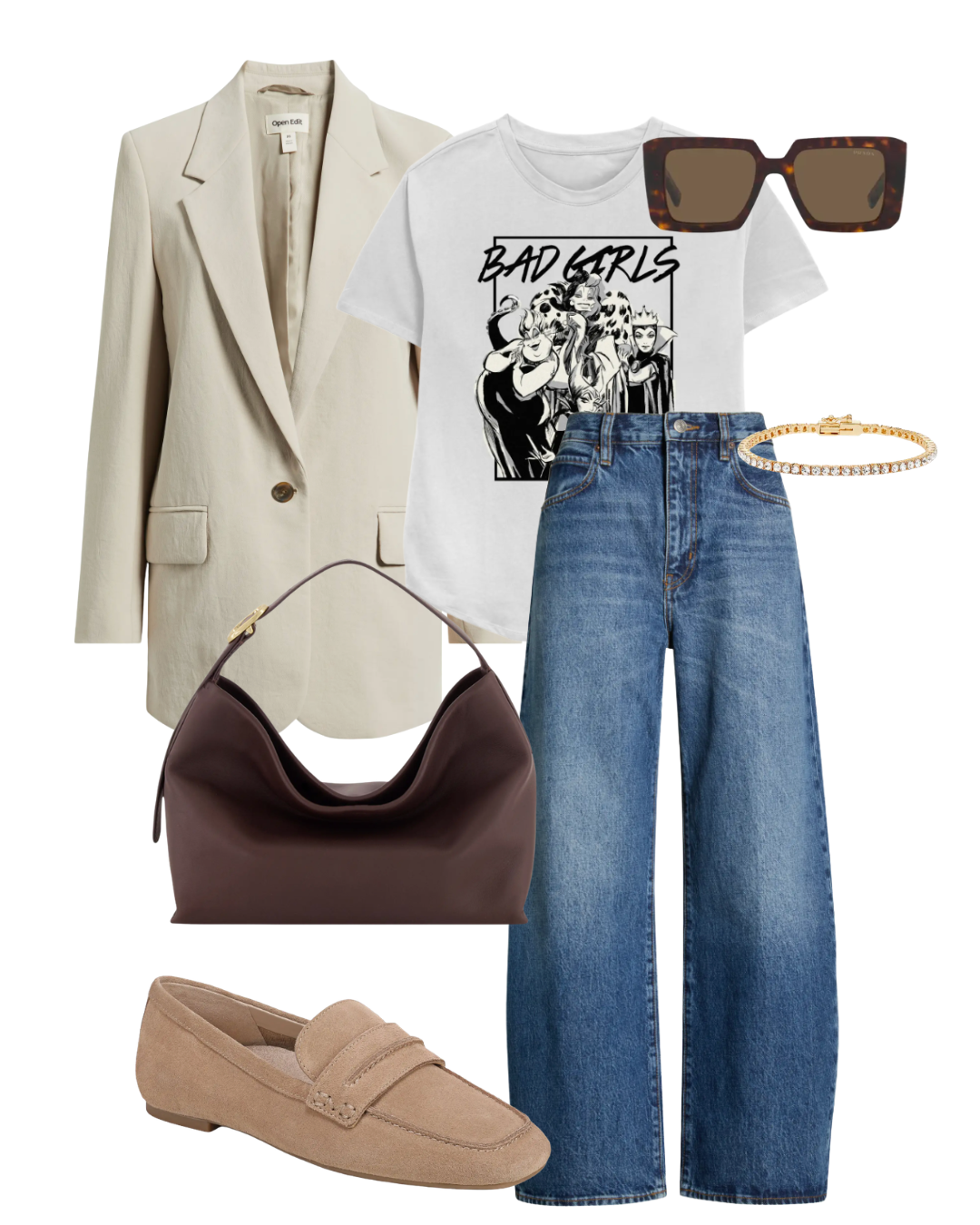 A flat lay featuring a beige soft-structured blazer styled with a graphic tee, dark wash barrel jeans, tan suede loafers, and a brown leather shoulder bag.