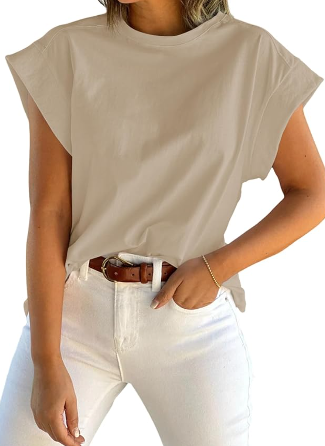 A woman wearing a crisp white Casual Loose Fit Basic Tee Shirt tucked into white denim with a brown leather belt, demonstrating a clean and professional monochrome office look.