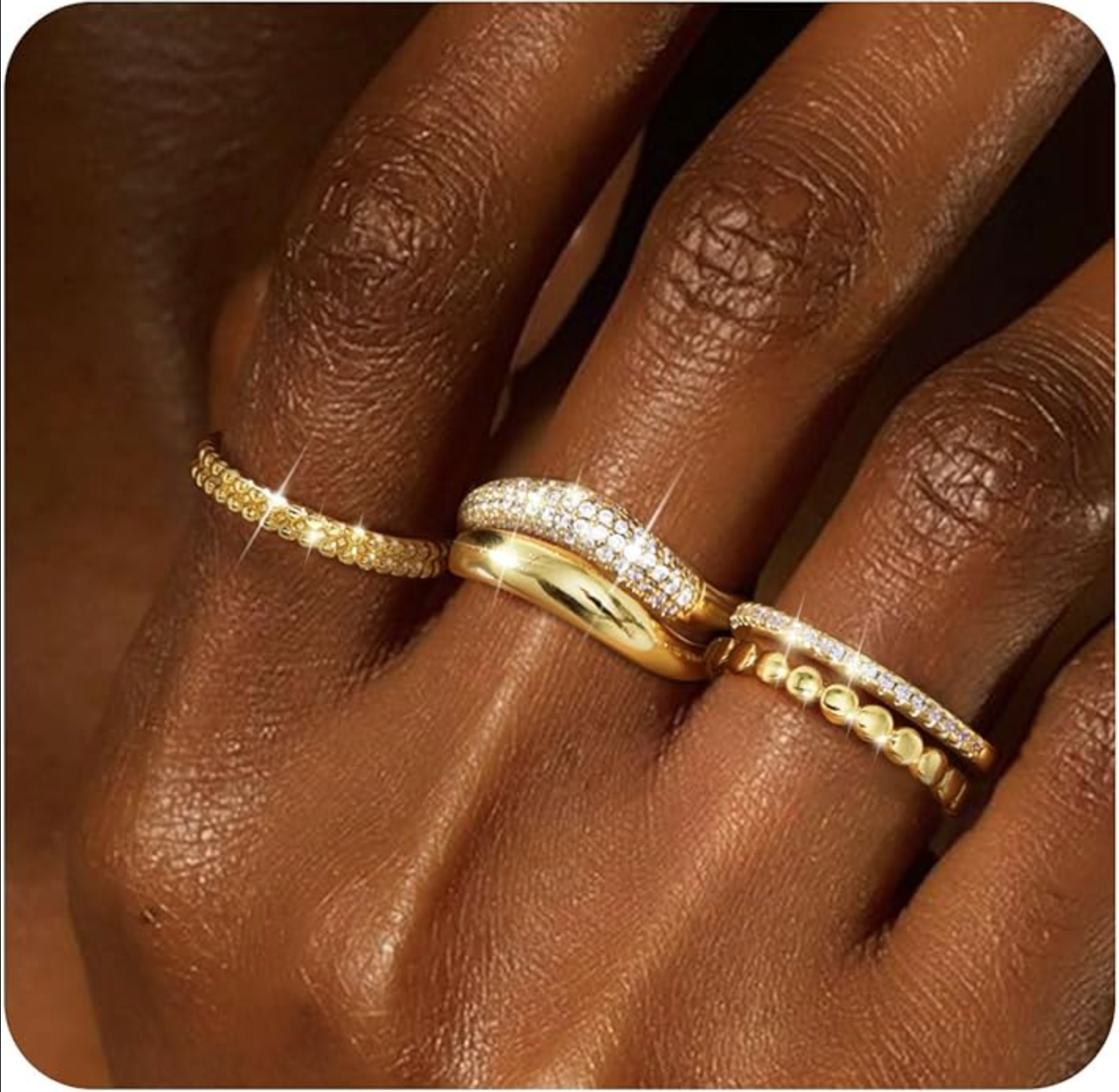 Non Tarnish Dainty 14K Gold Plated Stacking Cubic Zirconia Thumb Ring Set