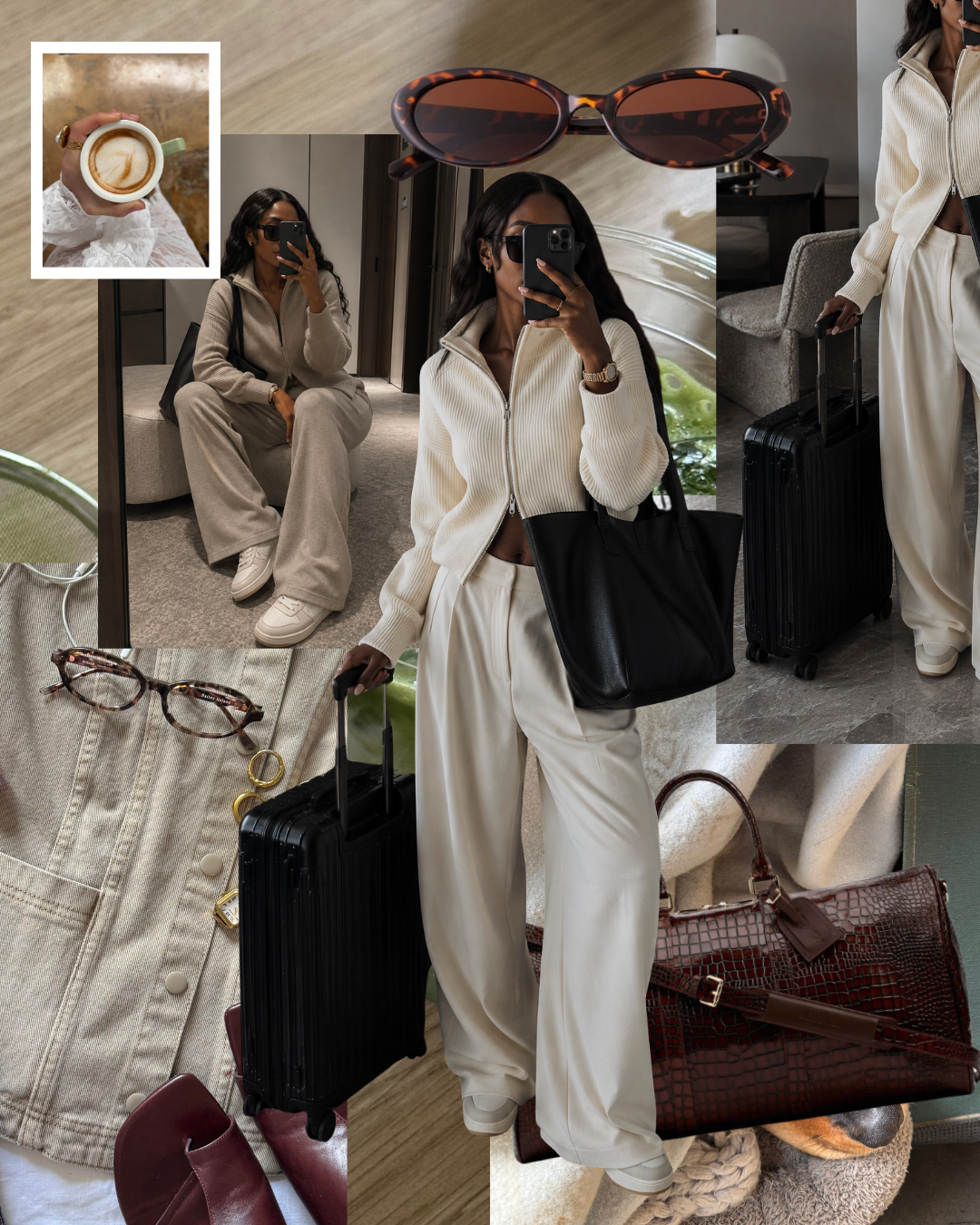 A stylish traveler in a cream lounge set carrying a black oversized tote bag and a carry-on suitcase in an airport terminal.