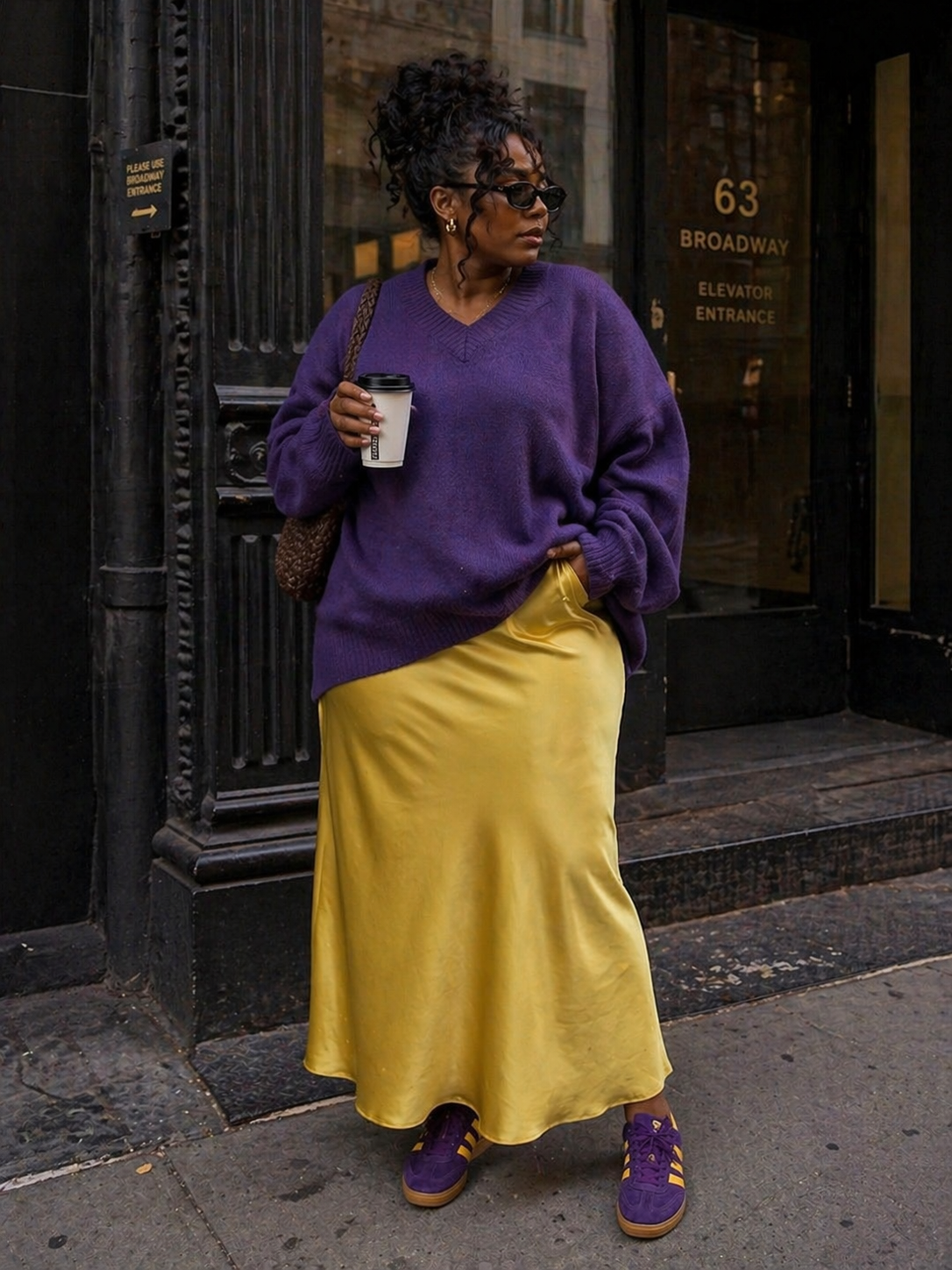 A woman wearing an oversized purple knit sweater tucked into a pale yellow satin maxi skirt, holding a coffee cup.
