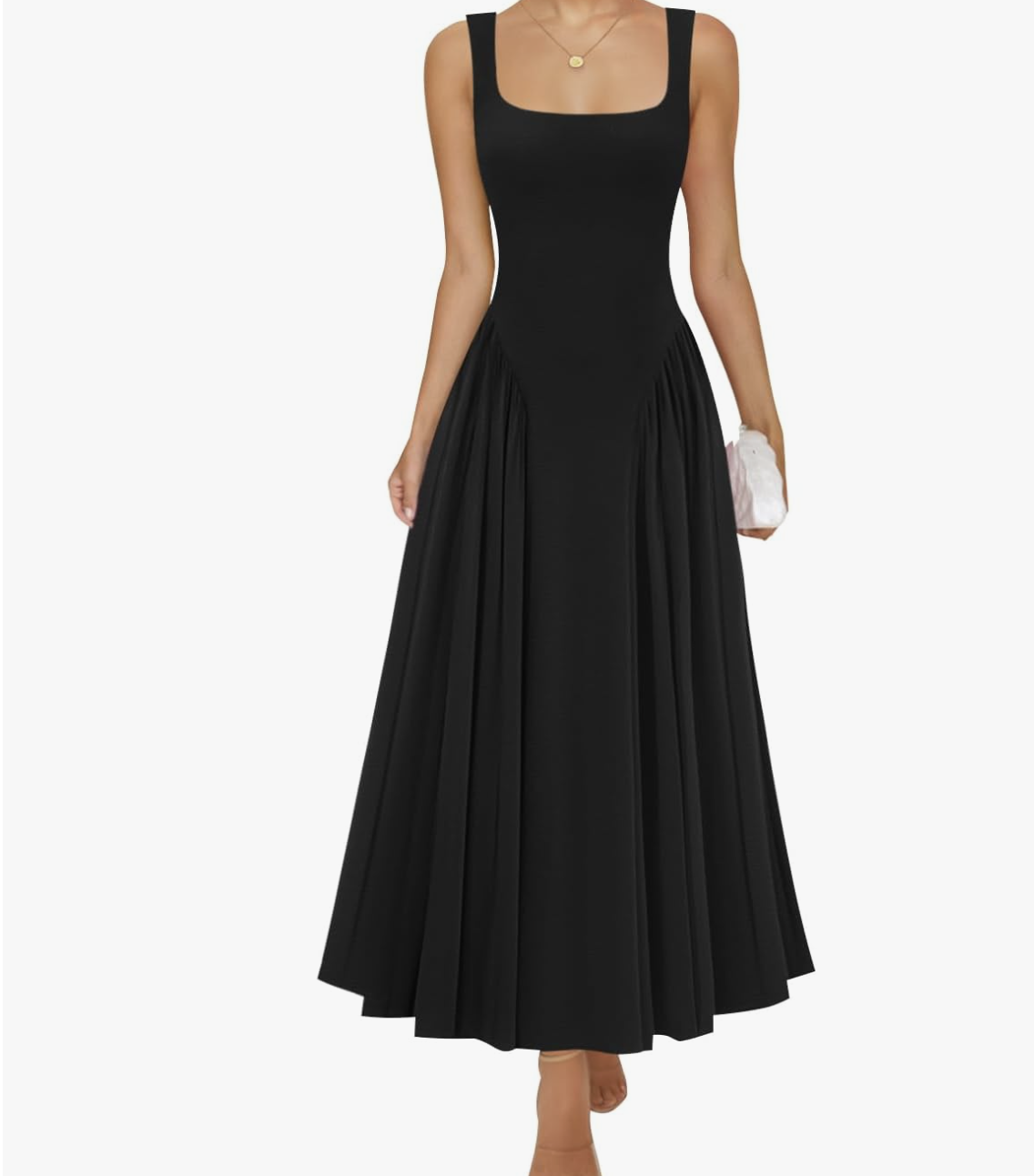 Front view of a sleeveless black midi sundress featuring a fitted bodice, a dramatic dropped waistline, and a full, gathered pleated skirt.