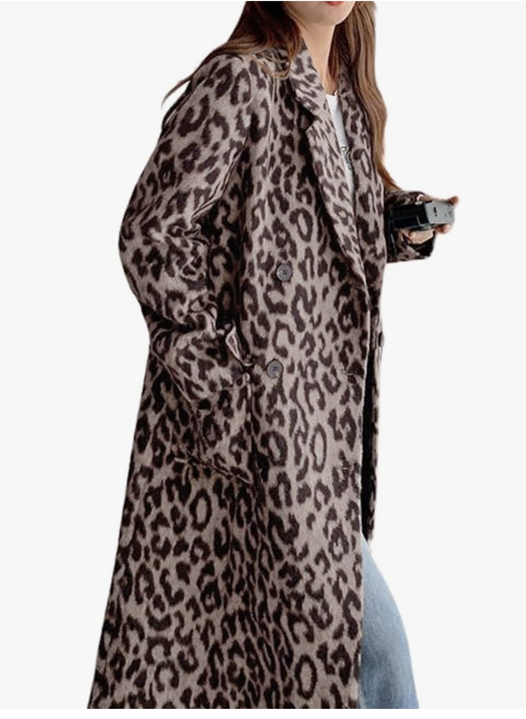 A pro stylist-recommended leopard print long wool trench coat, featured as a bold statement piece for layered winter outfits.