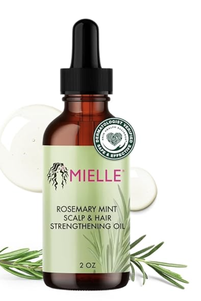 A bottle of Mielle Organics Rosemary Mint Strengthening Hair Oil on a transparent background.