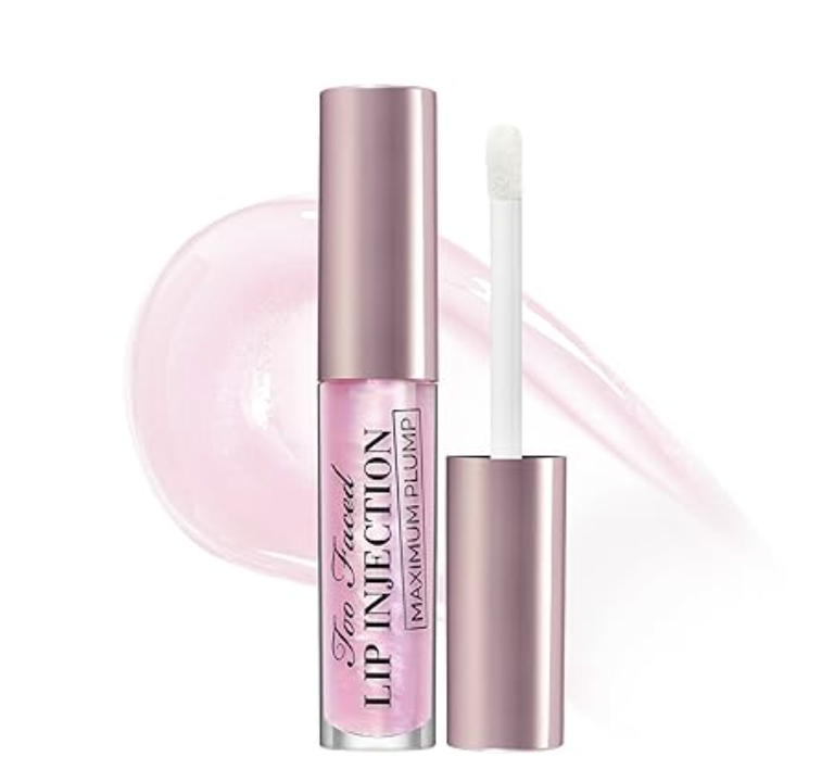 A tube of clear Too Faced Lip Injection Maximum Plump gloss with its applicator, showcasing the high-shine formula designed for a volumized look.