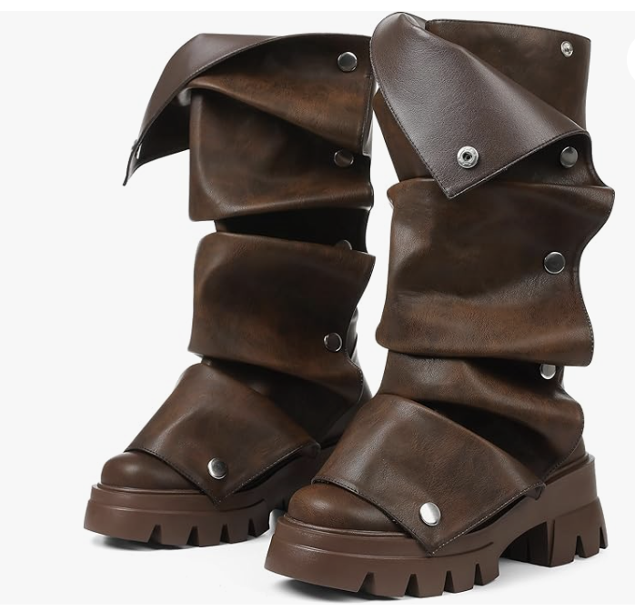 A product shot of brown VOMIRA Slouchy Fold Over Boots with a chunky heel, recommended by fashion editors for creating a structural anchor for wide-leg jeans.