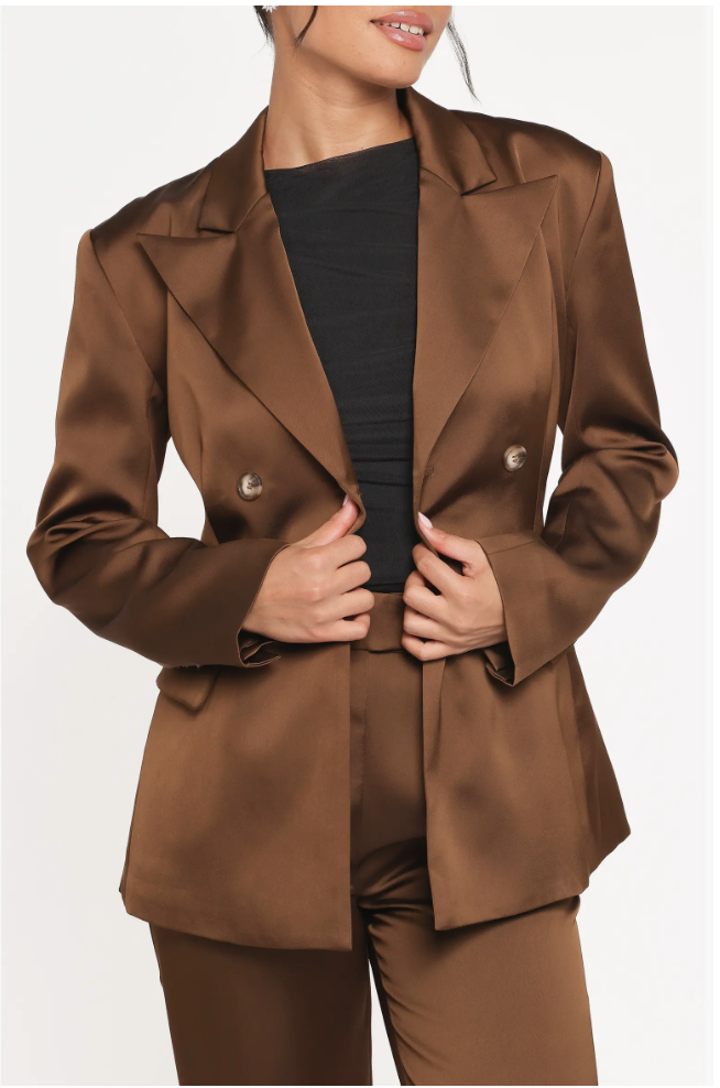 Petal & Pup Trina bronze satin double-breasted blazer paired with matching satin trousers
