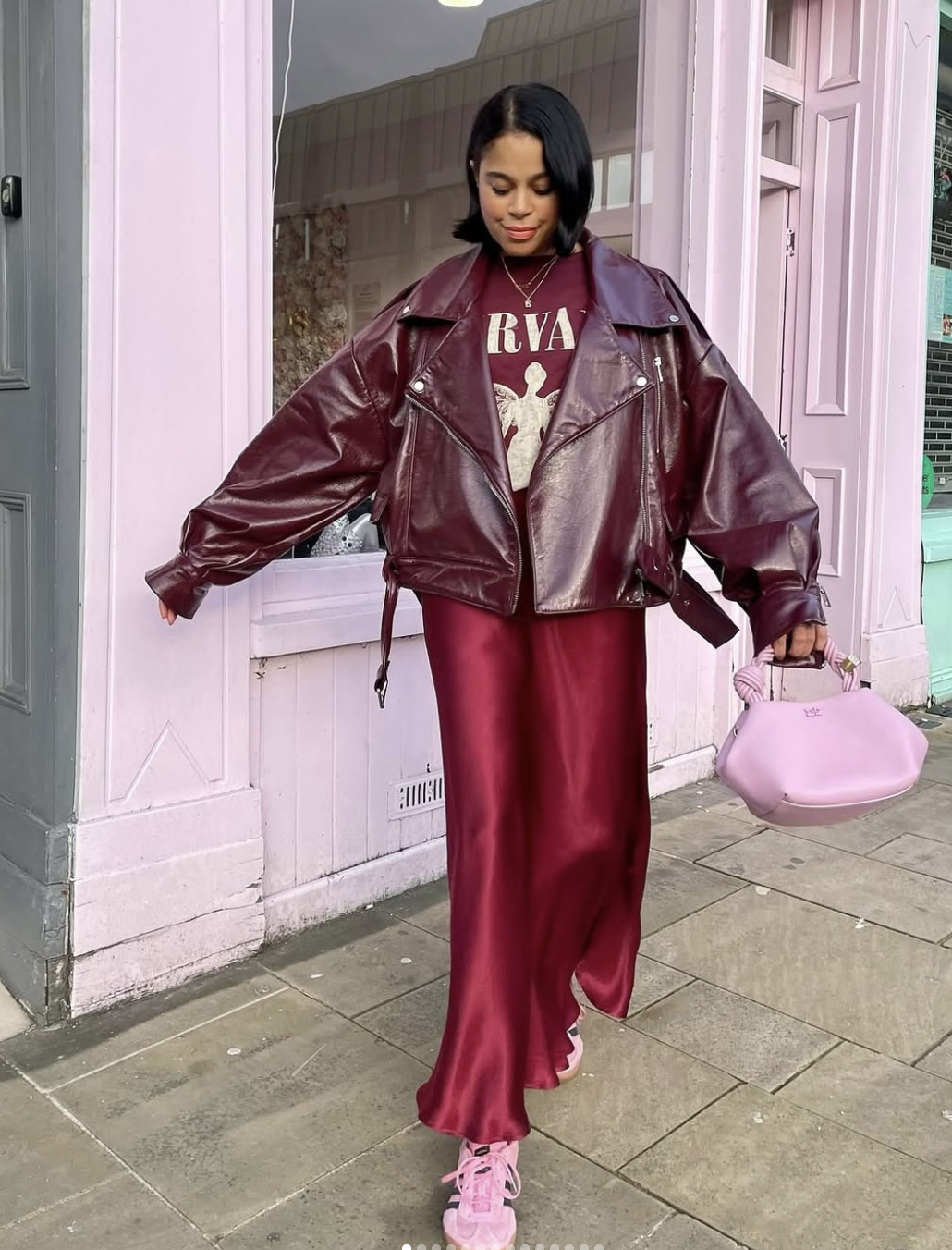 Tonal burgundy fall outfit with coat and trousers
