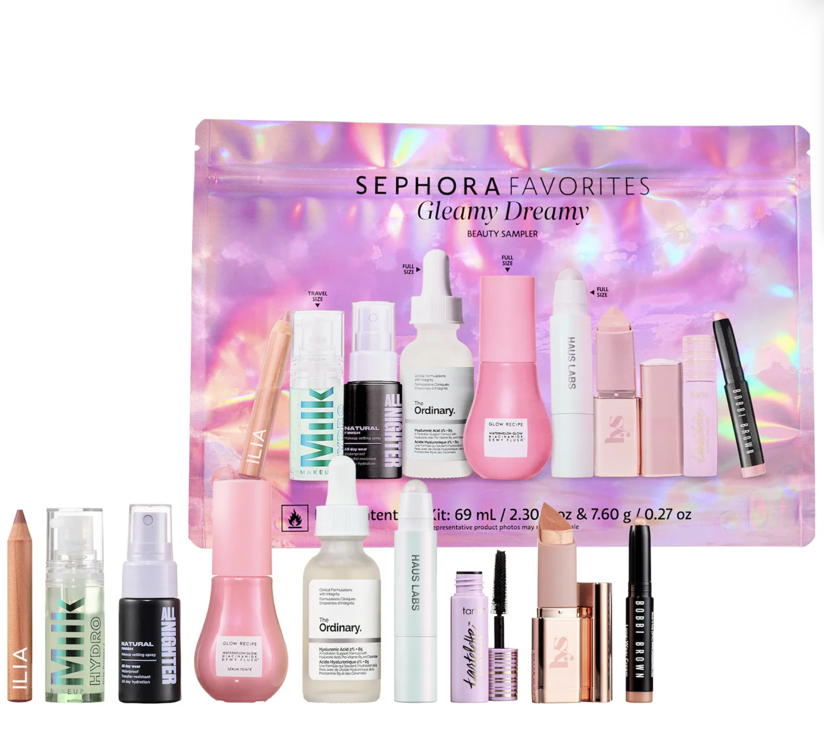 Sephora Favorites Gleamy Dreamy makeup and skincare products arranged beside the gift box