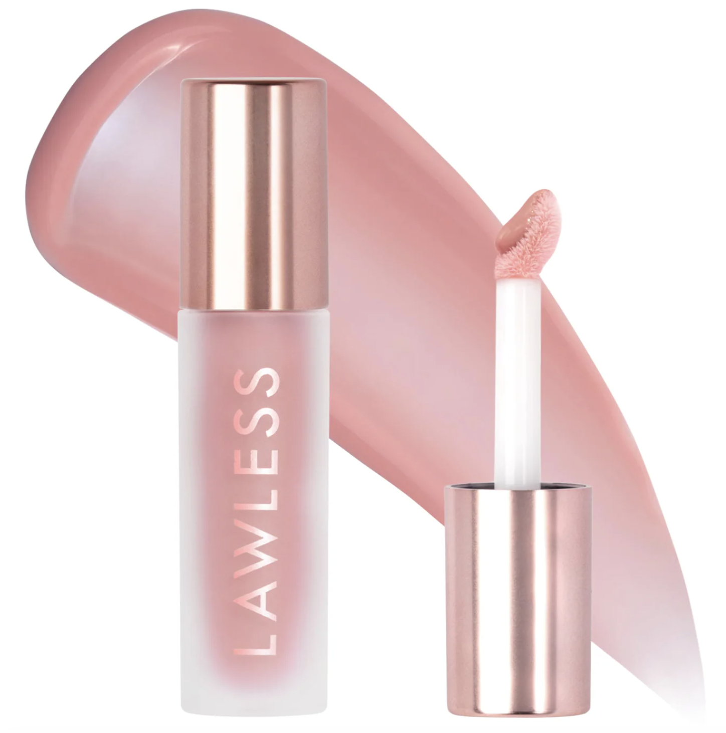 A tube of LAWLESS Forget The Filler Lip Plumping Line Smoothing Gloss in a soft pink shade with the applicator wand displayed next to the bottle.