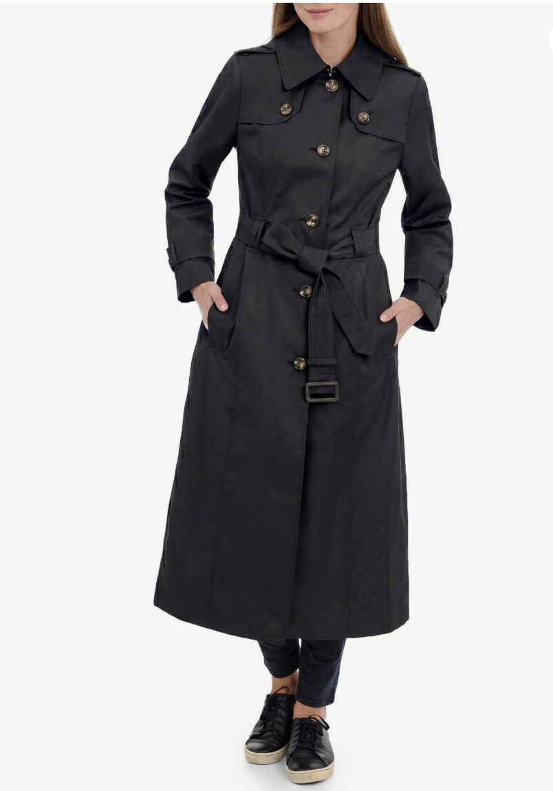 Camel London Fog long trench coat with a classic belted silhouette.
