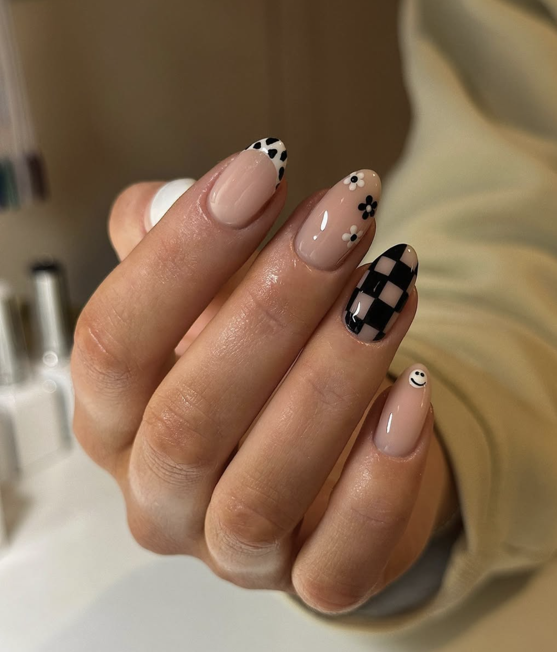 Cute neutral checkerboard for a back-to-school manicure