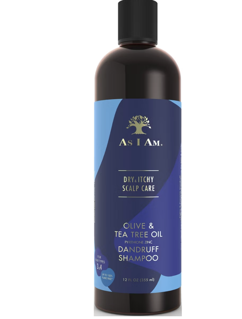 A bottle of As I Am Dry & Itchy Scalp Care Dandruff Shampoo with Olive and Tea Tree Oil for itchy scalp relief.