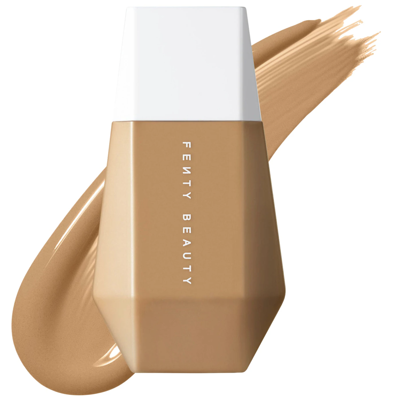 A close-up of Fenty Beauty Eaze Drop Blurring Skin Tint next to a smooth swipe of the product.