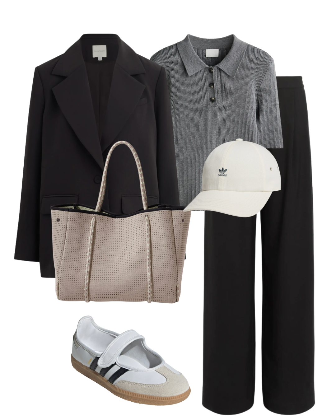 A polished work-trip airport outfit formula featuring a tailored charcoal grey blazer, a grey knit polo shirt, structured black wide-leg trousers, white sporty ballet flat sneakers, a beige textured carry-on tote, and a cream baseball cap.