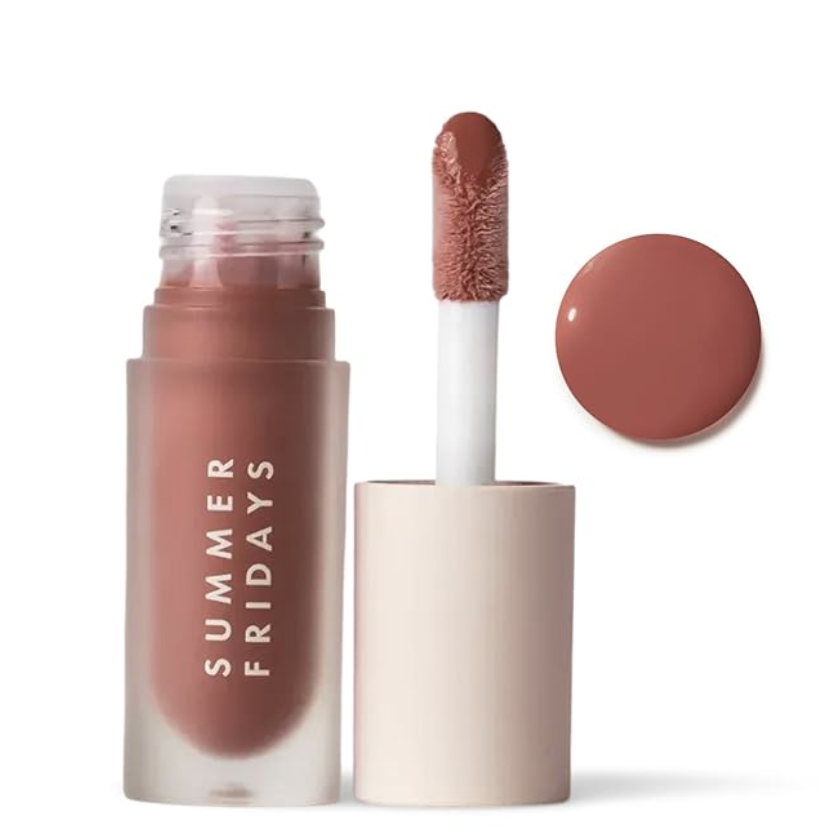 A tube of [Summer Fridays Dream Lip Oil] in Pink Cloud with a large applicator, featuring a sheer pink tinted shine.