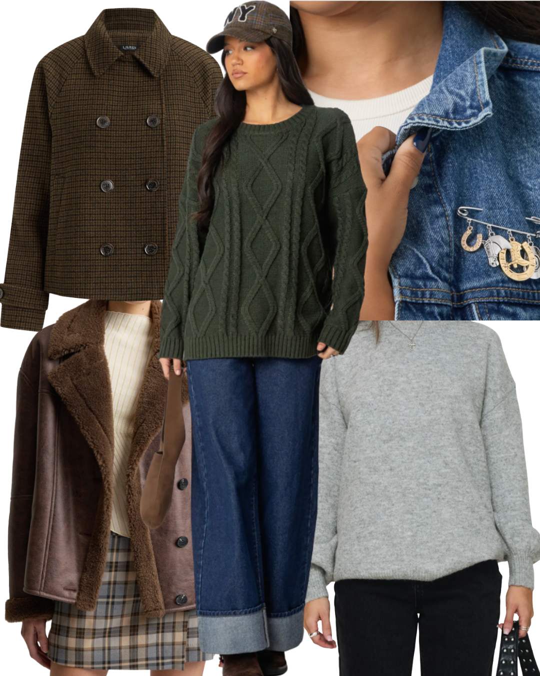 Fall 2026 fashion trend collage featuring a faux shearling jacket, green cable-knit sweater, wide-leg cuffed jeans, and grey crewneck