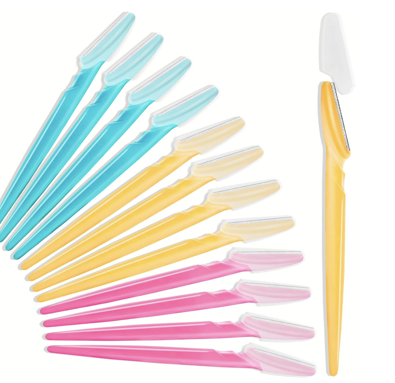Fan of HFATMOS facial razors in turquoise, yellow and pink with clear blade caps.