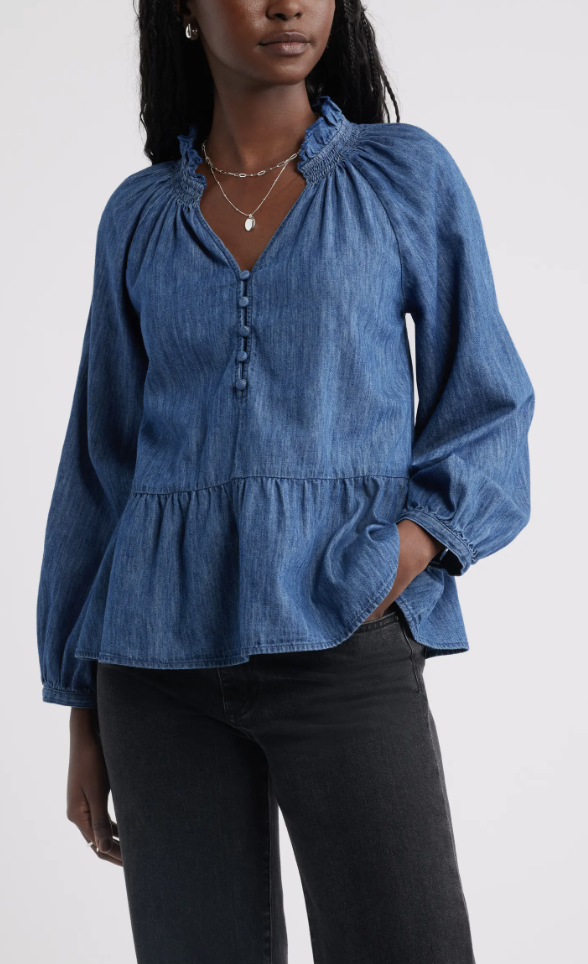 Caslon cotton chambray top with a waist-defining peplum silhouette.