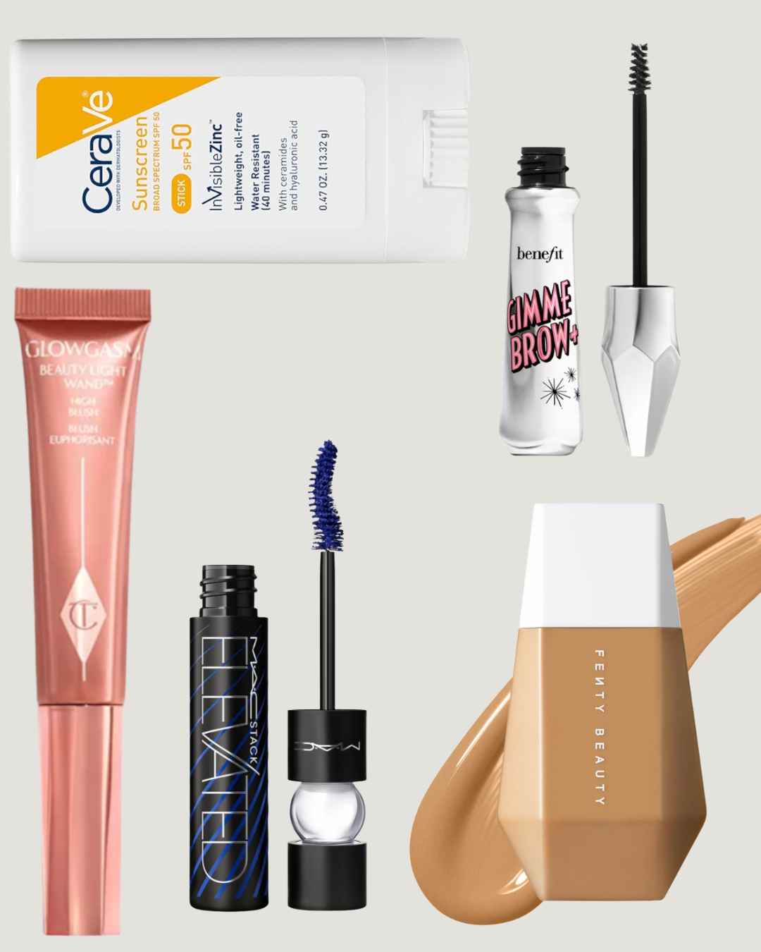 A flat lay of summer beauty products including a CeraVe sunscreen stick, Charlotte Tilbury cream blush, MAC mascara, Benefit brow gel, and Fenty Beauty skin tint.