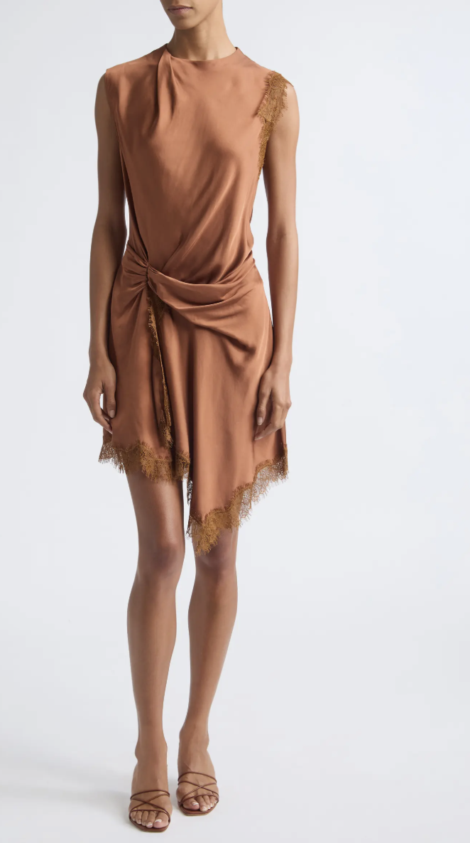 Chestnut-brown A.L.C. Dion sleeveless satin dress with a twisted waist and asymmetric lace-trimmed hem.