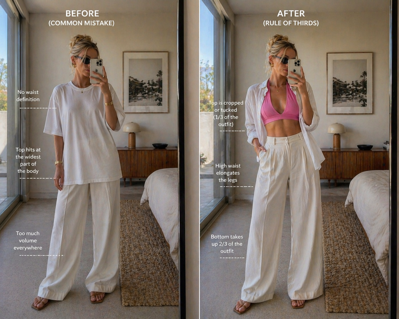 A side-by-side outfit comparison: the left shows an oversized white tee and wide-leg trousers creating a 50/50 split; the right shows a corrected rule of thirds look with a pink bikini top, unbuttoned white shirt, and high-waisted trousers.