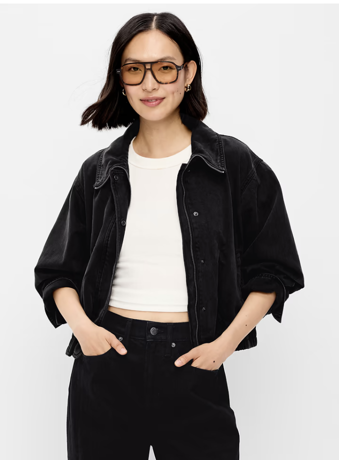 Old Navy Funnel-Neck Denim Jacket, studio product photo.