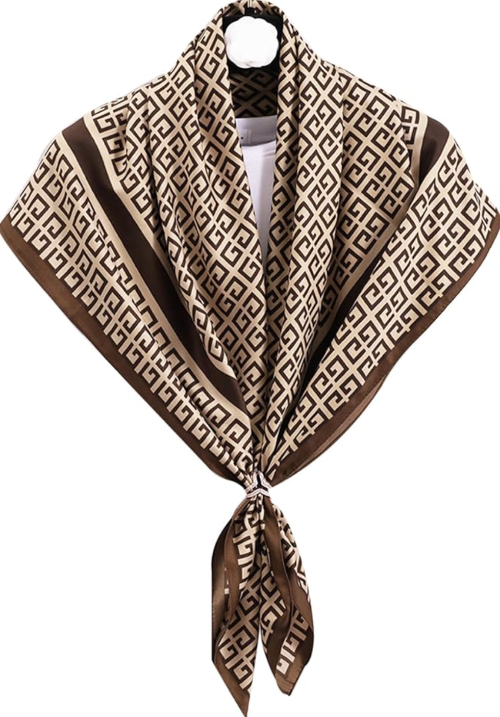 A large square silk satin scarf featuring a sophisticated brown and cream geometric chain-link pattern, ideal for the scarf belt hack.