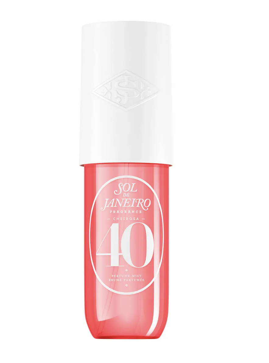 A bottle of Sol de Janeiro Cheirosa 40 Hair & Body Perfume Mist with a bright pink bottom and a white cap.