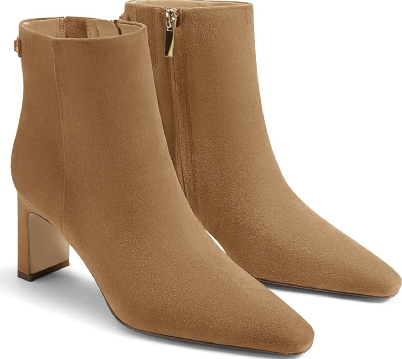 A pair of tan suede Chunky Heel Closed Toe Booties with a block heel and side zipper