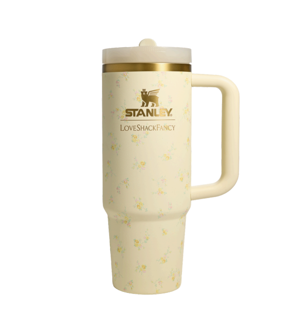 LoveShackFancy x Stanley 30 oz Quencher ProTour Flip Straw Tumbler in the yellow floral Lemon Haze print.