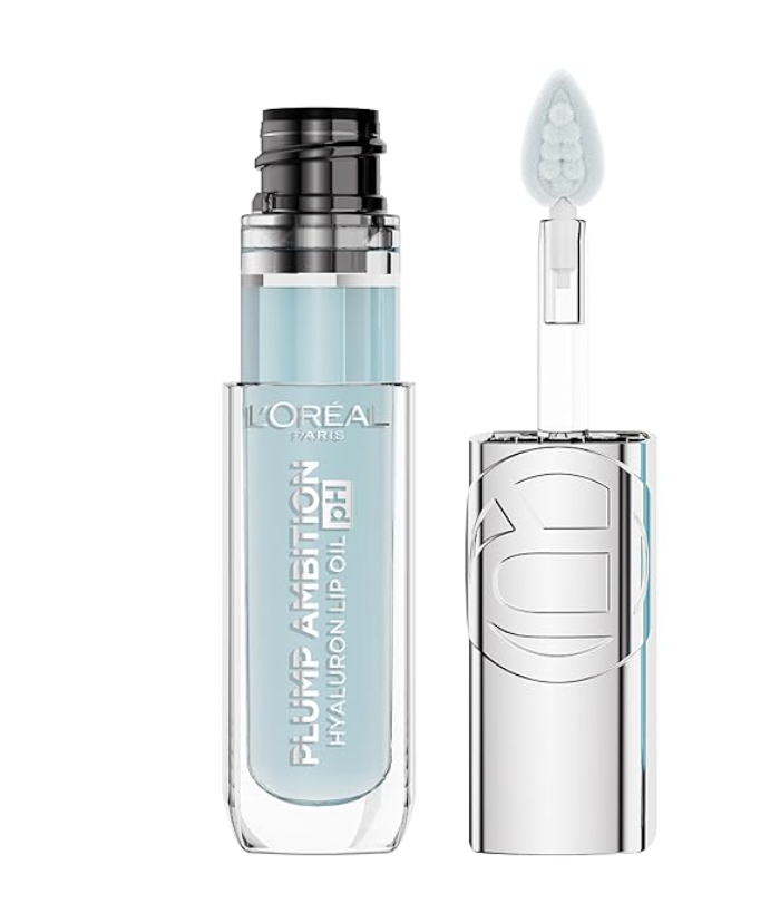 A tube of L'Oreal Paris Plump Ambition pH Hyaluron Lip Oil in a clear formula with a large doe-foot applicator wand.