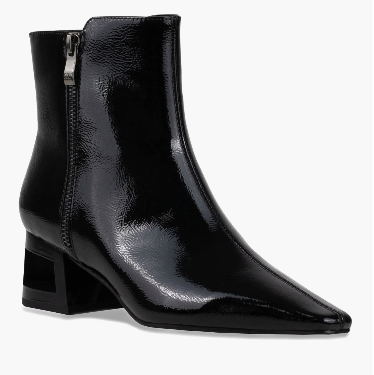 A pair of Ninety Union black patent leather ankle boots featuring a sharp pointed toe and a unique architectural metallic square hollow heel.
