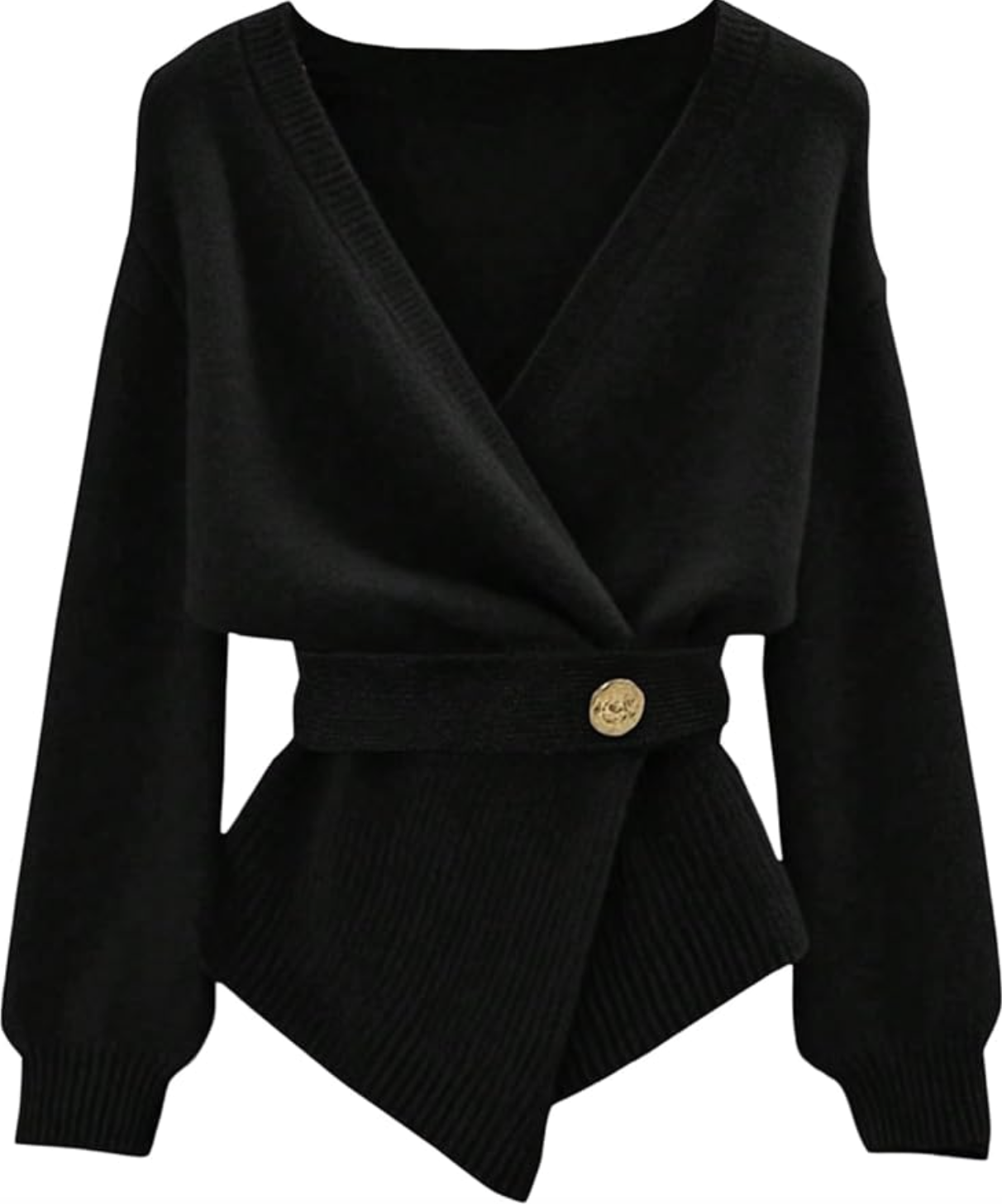 Studio shot of a black knit Wrap Cardigan featuring a structured wrap front and long sleeves.