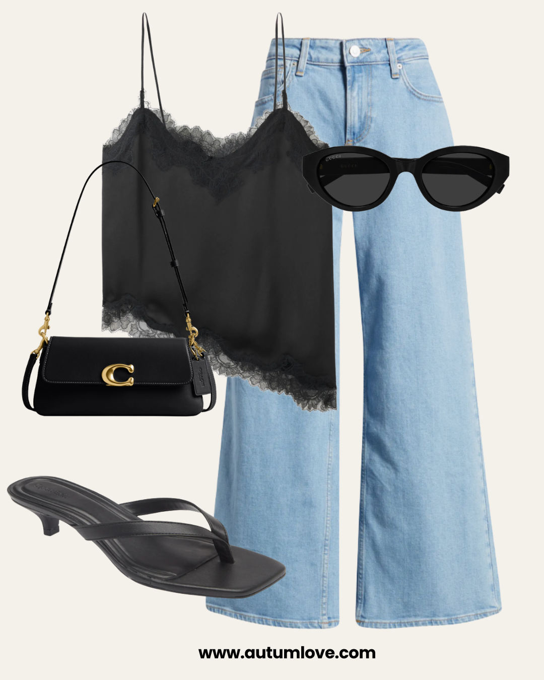 A date night outfit style guide featuring light blue wide leg jeans, a black satin lace-trim camisole top, black slide sandals, a black leather shoulder bag with a large gold C clasp, and black cat-eye sunglasses.