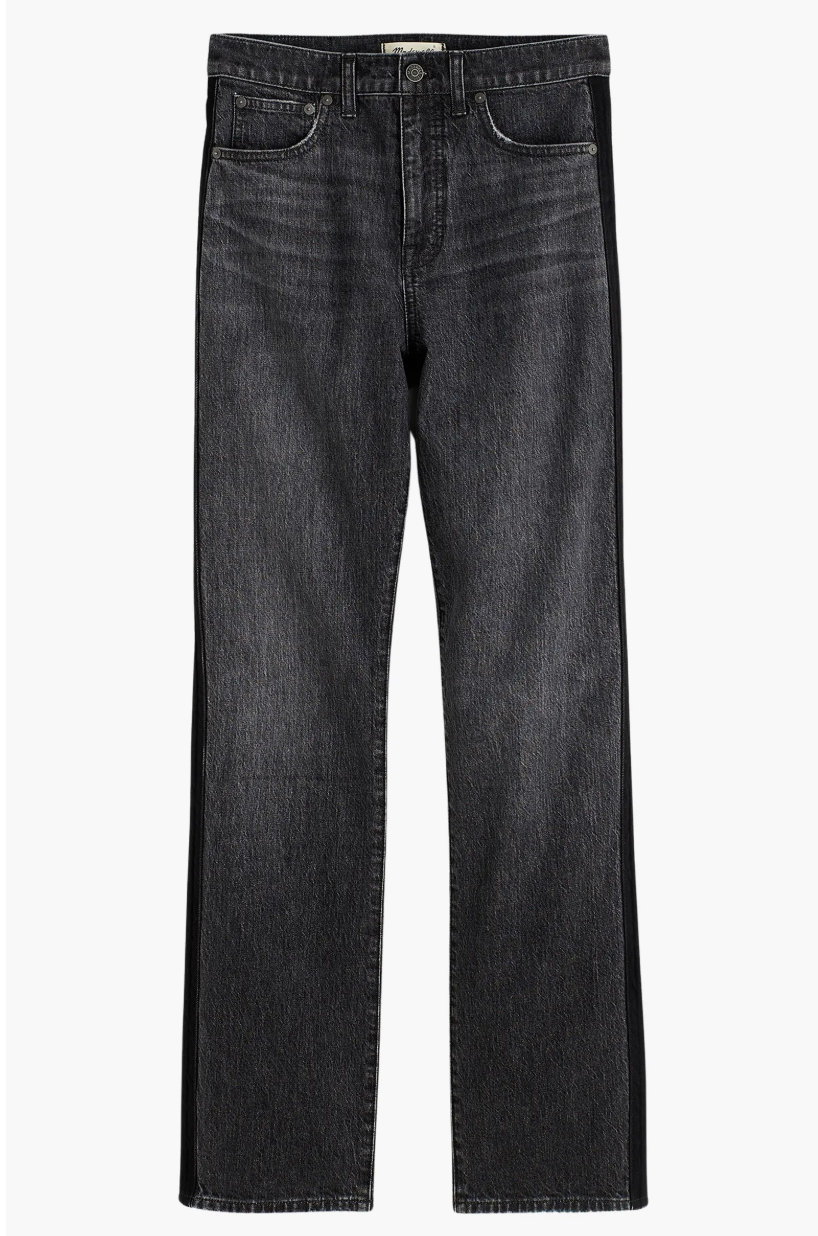 Model wearing Madewell The '90s Straight Leg Jeans in a washed black finish, featuring a high-rise waist and a classic straight-leg cut that provides extra room for muscular thighs on an athletic figure.